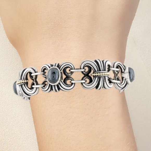 LAGOS STERLING SILVER & 18K YELLOW GOLD HEMATITE FLEUR DE LIS LINK BRACELET - Picture 7 of 10